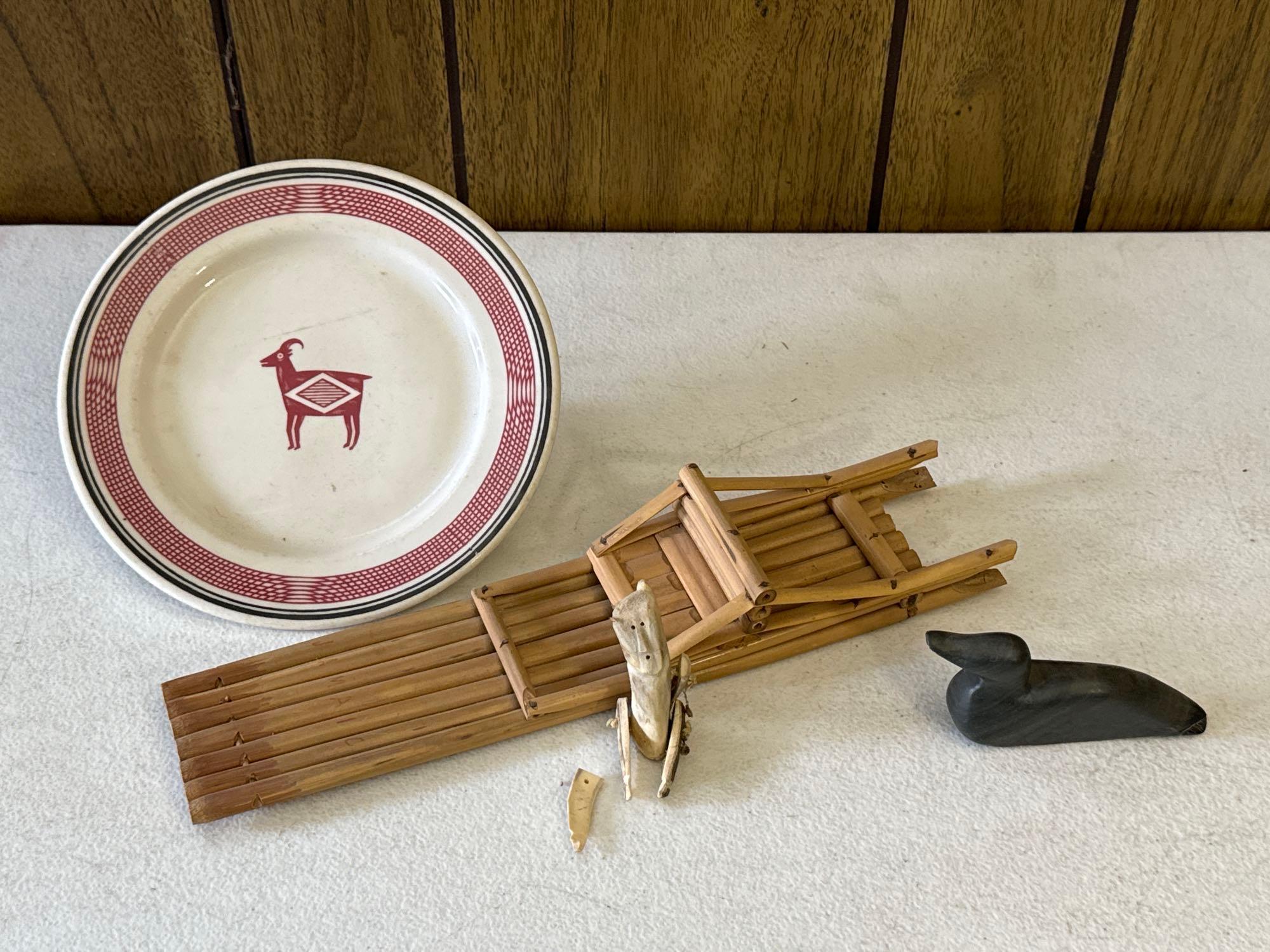 Vintage Santa Fe Dining Car Plate, Antler Folk Art Doll & Soapstone Carved Duck