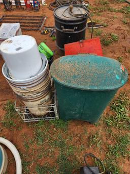 trash can, metal milk crate, 5 gallon bucket and metal tray