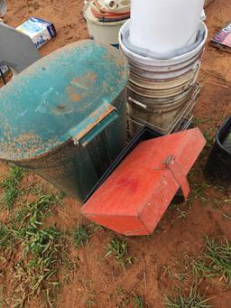 trash can, metal milk crate, 5 gallon bucket and metal tray