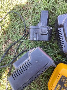 DeWalt battery chargers, and one battery