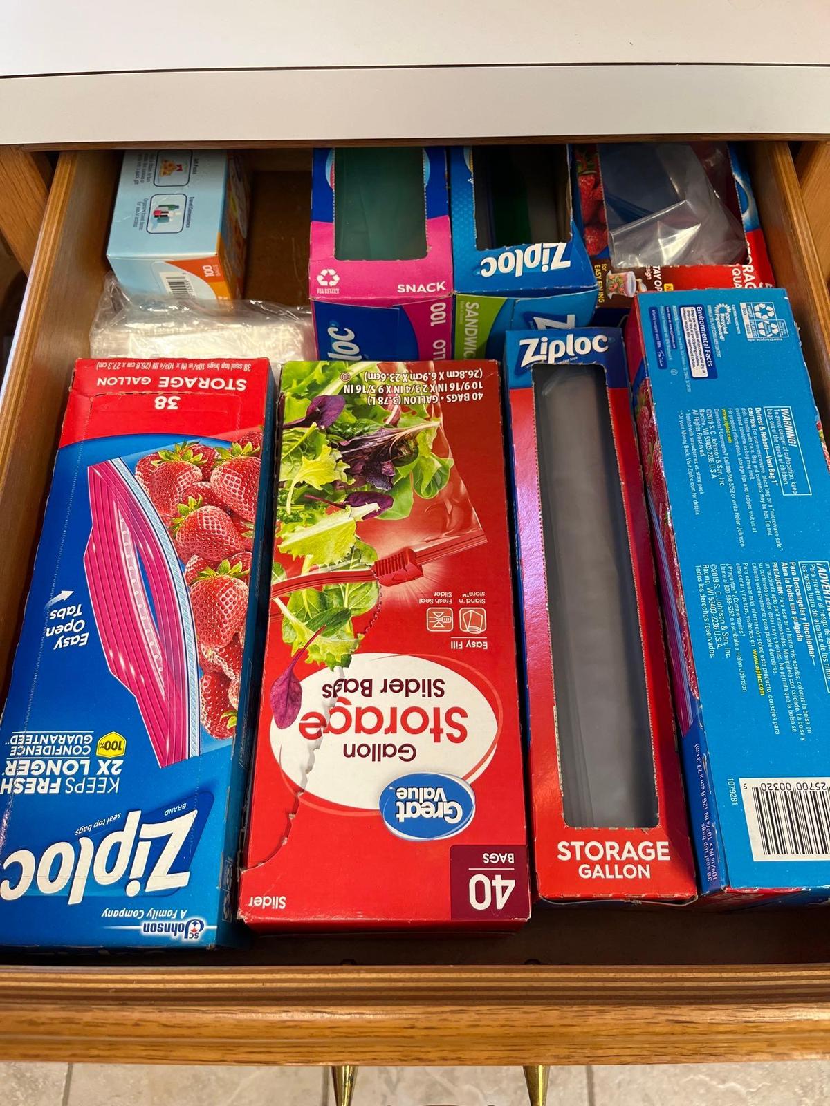 drawer of misc sized ziplocks