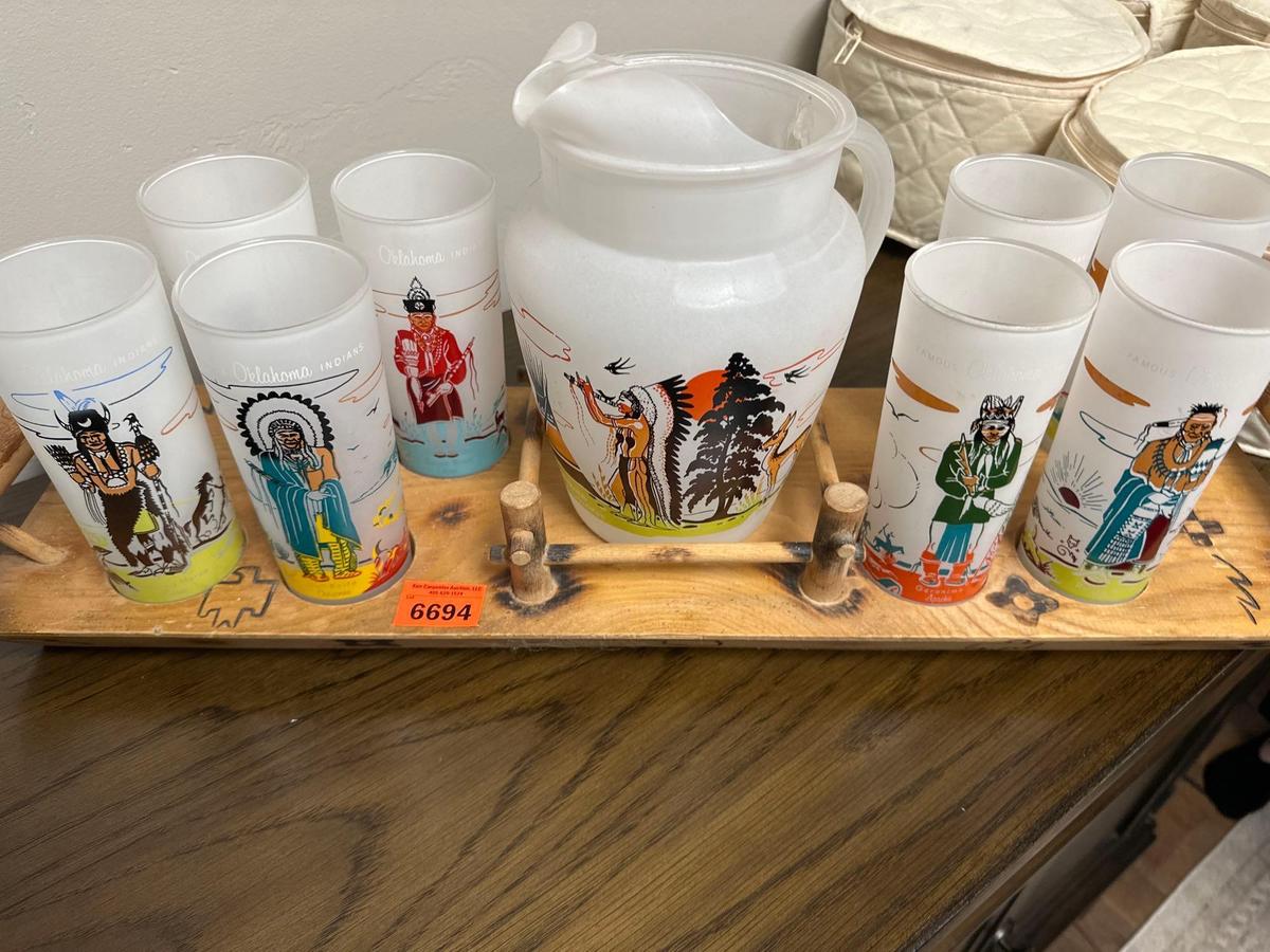 ACEE BLUE EAGLE INDIANS GLASSES WITH PITCHER AND TRAY