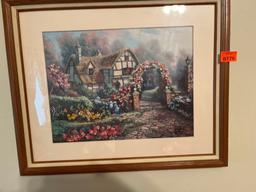 Wall picture of house entryway with flowers arched with rock path