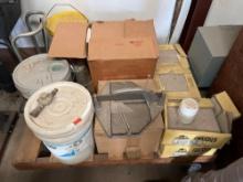 Tile, grout, tile cutter on pallet with wheels