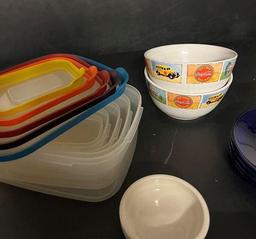 Serving platter, cobalt plates, flower-shaped small bowls, Coca-Cola bowls, food storage containers