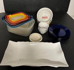 Serving platter, cobalt plates, flower-shaped small bowls, Coca-Cola bowls, food storage containers