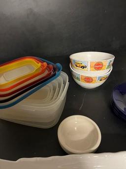 Serving platter, cobalt plates, flower-shaped small bowls, Coca-Cola bowls, food storage containers