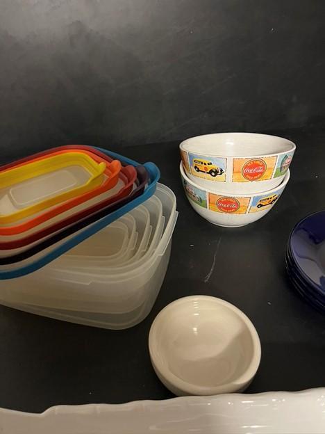 Serving platter, cobalt plates, flower-shaped small bowls, Coca-Cola bowls, food storage containers