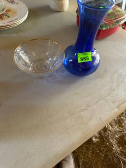 Blue glass vase and bowl