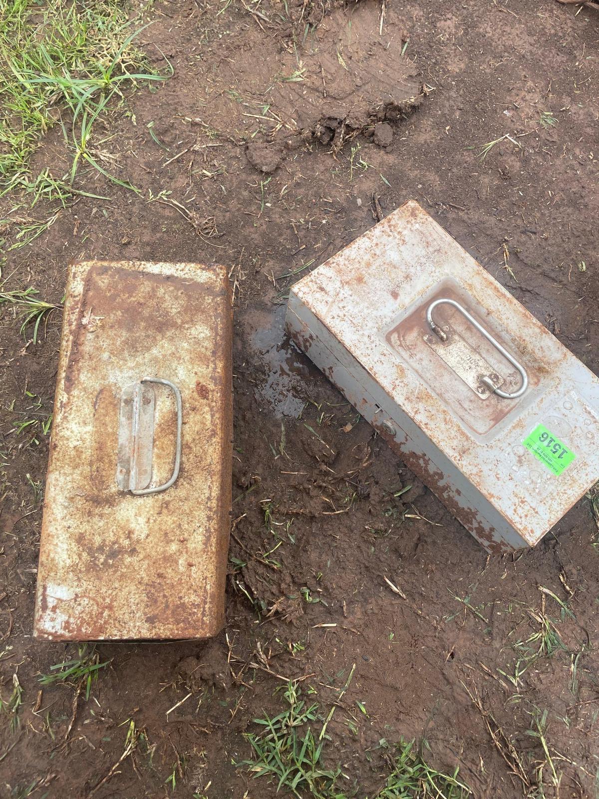 J-2 metal lock boxes 1 with misc locks, keys, door knobs