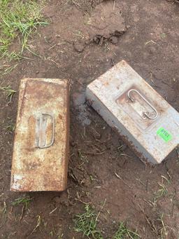 J-2 metal lock boxes 1 with misc locks, keys, door knobs