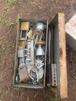 J-2 metal lock boxes 1 with misc locks, keys, door knobs
