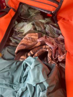 R- camo puffy jacket; rain jacket; gloves; duffle