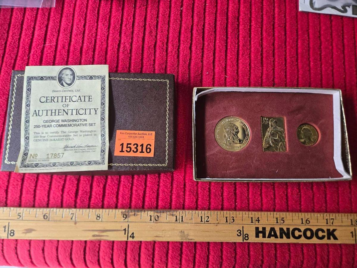 George Washington 250- Year Commerative Set. Genuine 24 Karat Gold Plated, Numbered, In Original Box