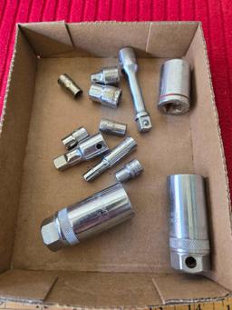 Box of Assorted USA Sockets and Extensions. All one Money. Tools