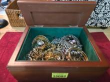Ornate Wood Box with Ceramic Eagles inlaid on Lid. With Assorted Jewelry Items. Mostly Neclaces,