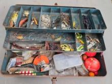 Vintage Metal Tackle Box with Assorted Fishing Tackle. Outdoor Recreation