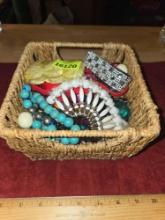 Wicker and Metal Basket with Assorted Jewelry. All one Money.