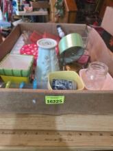 Box of Assorted Household Items. Kitchen, Decorative, and Housewares.