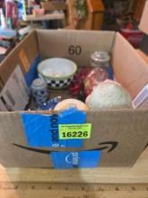 Box of Assorted Household Items. Kitchen, Decorative, and Housewares.