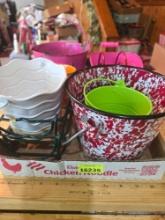 Box of Assorted Tin, Enamel, and iron Buckets/ Nails, and Other. Decorative, Housewares.