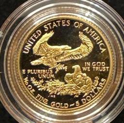 1993 One-Tenth Ounce (1/10) $5 Gold American Eagle Proof with box and COA