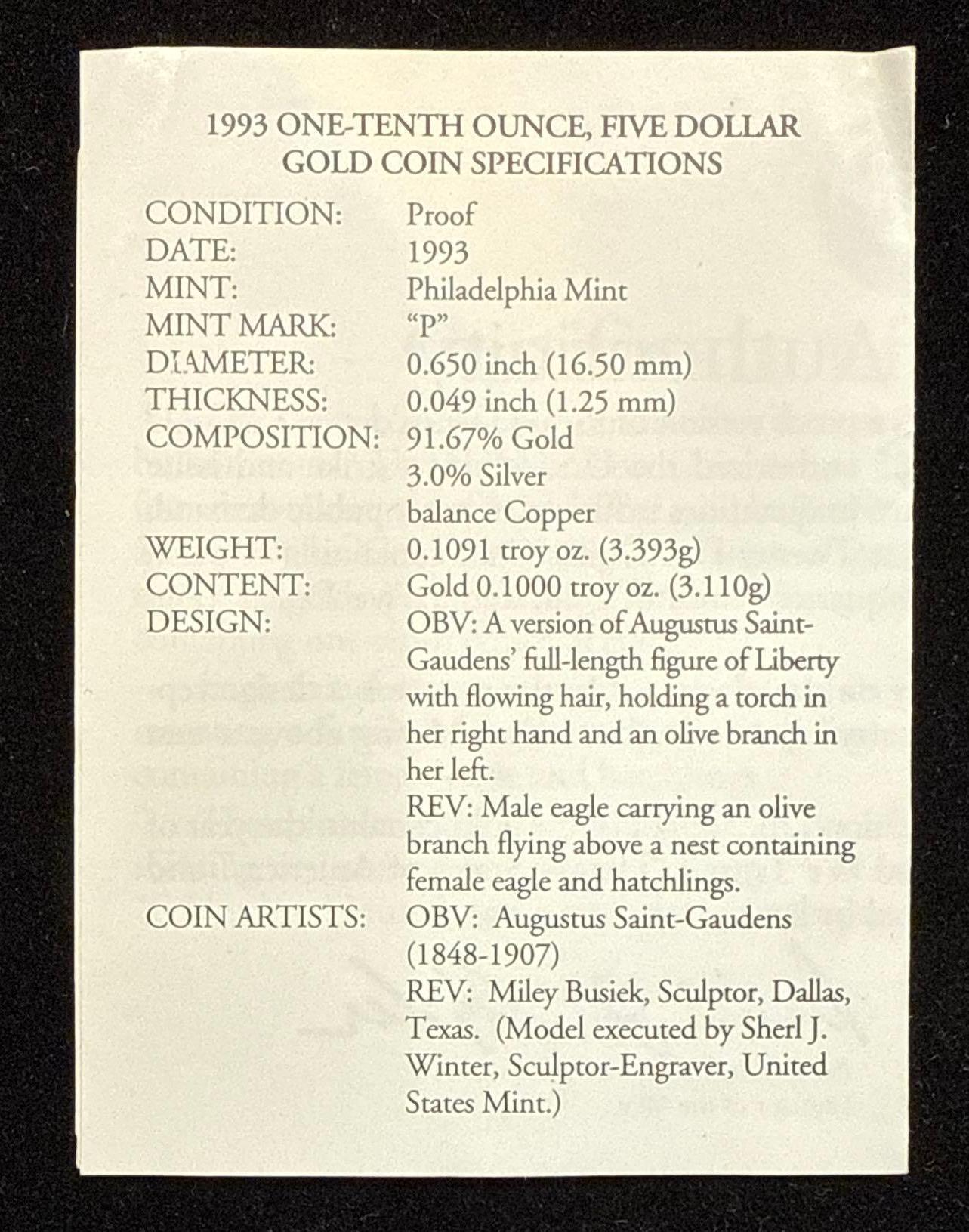 1993 One-Tenth Ounce (1/10) $5 Gold American Eagle Proof with box and COA