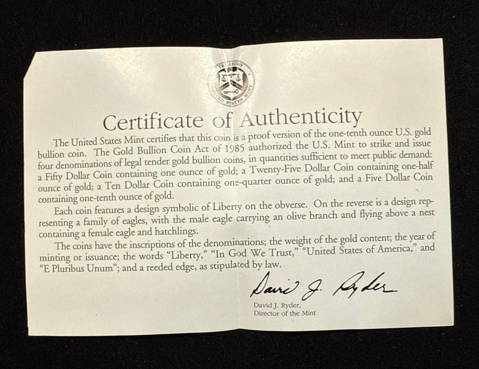 1993 One-Tenth Ounce (1/10) $5 Gold American Eagle Proof with box and COA