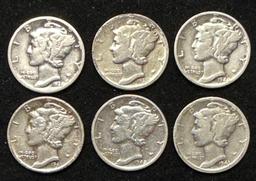 Lot of 6 Mercury Dimes - 1938, 39, 40, 41D, 42 and 1943S
