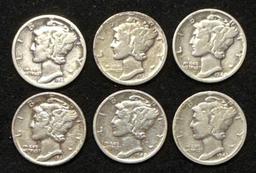 Lot of 6 Mercury Dimes - 1938, 39, 40, 41D, 42 and 1943S
