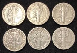 Lot of 6 Mercury Dimes - 1938, 39, 40, 41D, 42 and 1943S