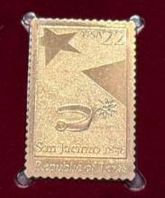 1986 22k Gold Stamp Replica - 150th Anniversary of the Republic of Texas - 1st Day of Issue