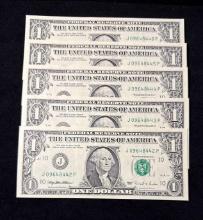 5 - 1995 Consecutive Serial Numbers $1 bills, green seal, J series
