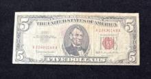 1963 Five Dollar Currency Note $5 Bill, Red Seal