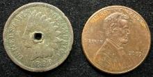 1899 Indian Head Penny holed and 2009 Abraham Lincoln Commemorative Penny