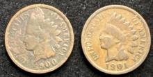 Lot of 2 - Indian Head Pennies - 1900 & 1901