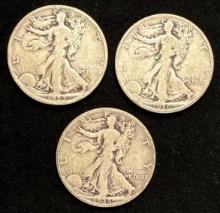 Lof of 3 - Silver Walking LIberty Half Dollars - 1923s, 1035s and 1936