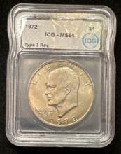 1972 $1 Eisenhower Dollar - ICG MS64 - Type 3 Reverse
