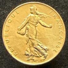 France, 1 Franc, 1975, Gold Plated