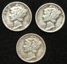 Lot of 3 Mercury Dimes - 1940D, 1941 and 1942