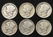 Lot of 6 Mercury Dimes - 1938, 39, 40, 41D, 42 and 1943S