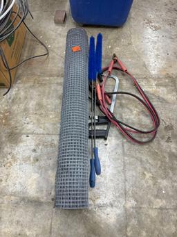 Jumper cables, wire fence, hacksaw, dyer vent brushes