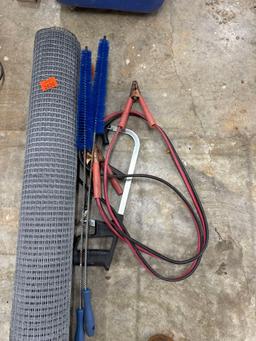Jumper cables, wire fence, hacksaw, dyer vent brushes