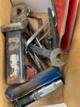 Trailer hitch, screwdrivers, wrenches and other various items