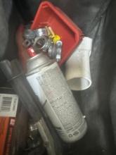 Mixed lot contains in tool bag , spray paint, dry wall screws, PVC fitting and more