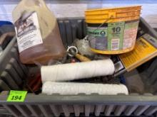 Vacuum pump oil, twine, misc hand tools and other various items in tote