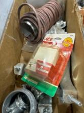 Box with surface jack, misc wire, and other various items
