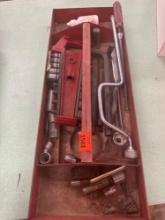 Metal caddy with drill bits, allen wrenches, speed handle and more