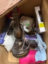 Lamp, iron, cups and misc items in box