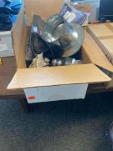 Box with miscellaneous items, lever diverter handle, vent pipe cover,jim caps, stool flange and more
